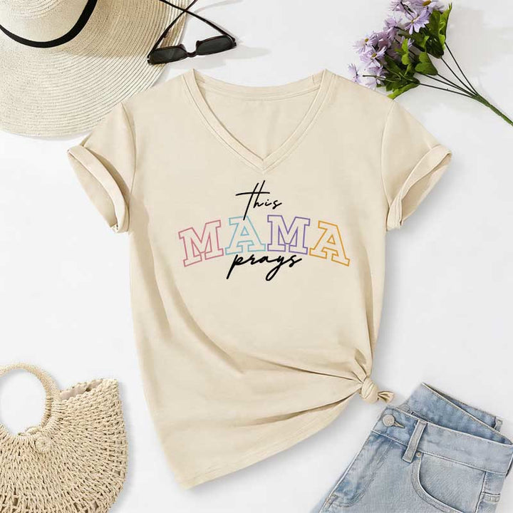 Christianartworkshop This Mama Prays Cross Casual V-neck T-shirt - Beige - 2XL - image 0