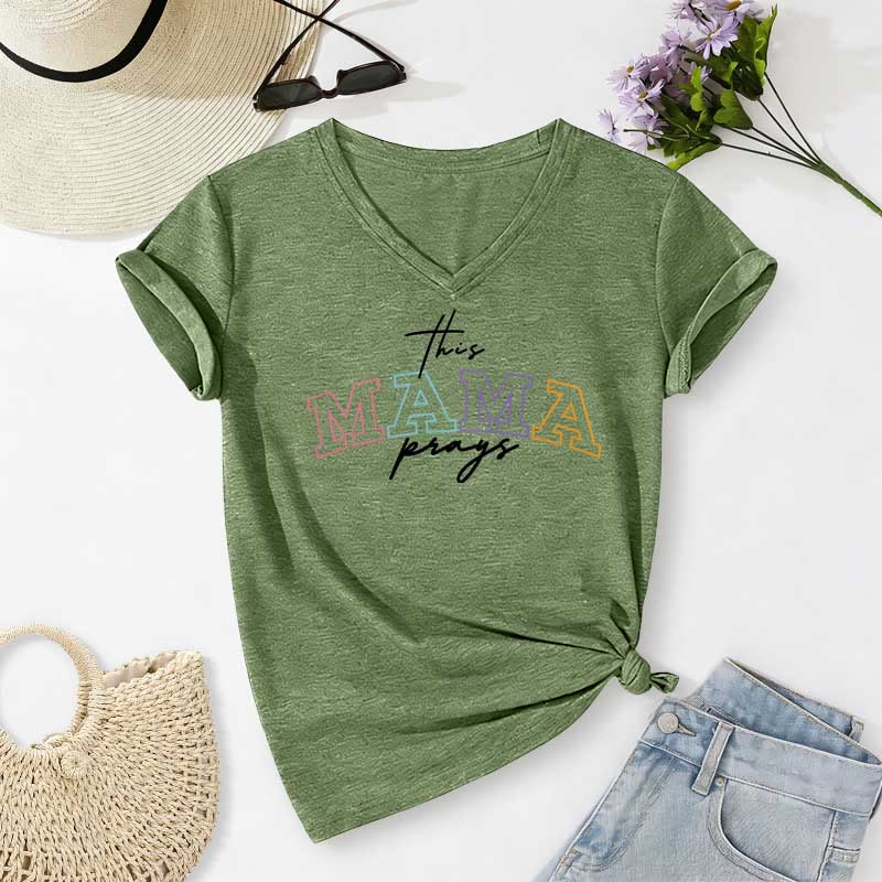 Christianartworkshop This Mama Prays Cross Casual V-neck T-shirt - Olive Green - 2XL - image 2