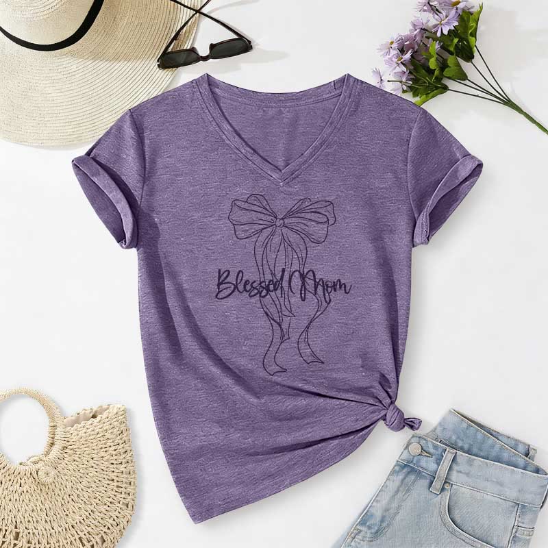 Christianartworkshop Blessed Mom Bow Graphic Casual V-neck T-shirt - Purple - 2XL - image 0