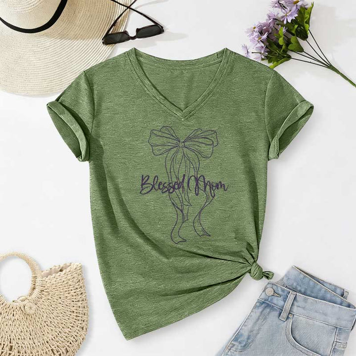 Christianartworkshop Blessed Mom Bow Graphic Casual V-neck T-shirt - Olive Green - 2XL - image 2