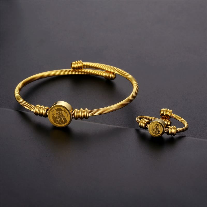Christianartworkshop Twisted Cable St. Benedict Medal Bracelet & Ring Set: Sacred Symbol of Divine Protection - Bracelet & Ring - image 1