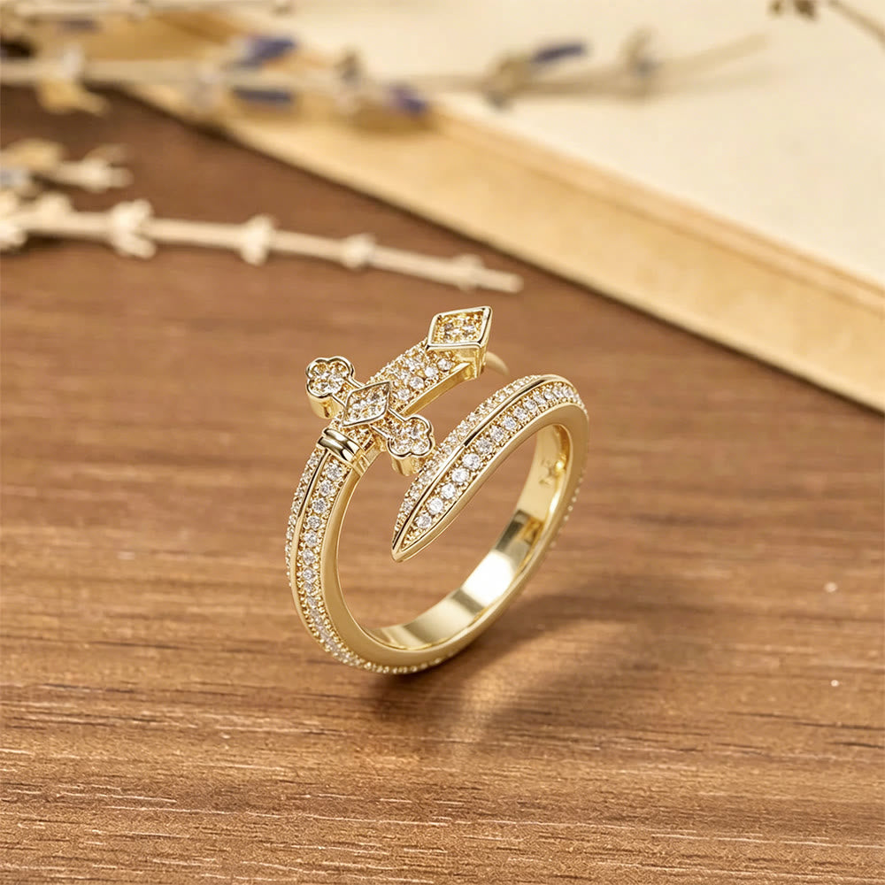 Christianartworkshop Sword Cross Pave Open Adjustable Ring: Emblem Of Faith & Divine Strength - Golden(Suitable for US sizes 6-9) - image 1