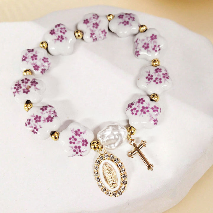 Christianartworkshop Floral Ceramic Porcelain Bracelet With Our Lady Medal & Cross Pendant (3 Styles) - Pink - image 8