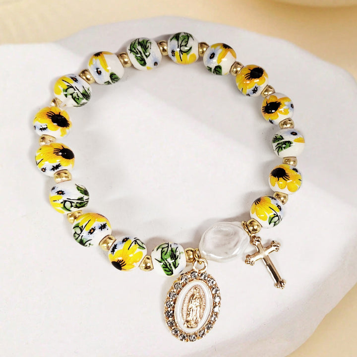 Christianartworkshop Floral Ceramic Porcelain Bracelet With Our Lady Medal & Cross Pendant (3 Styles) - Yellow - image 0