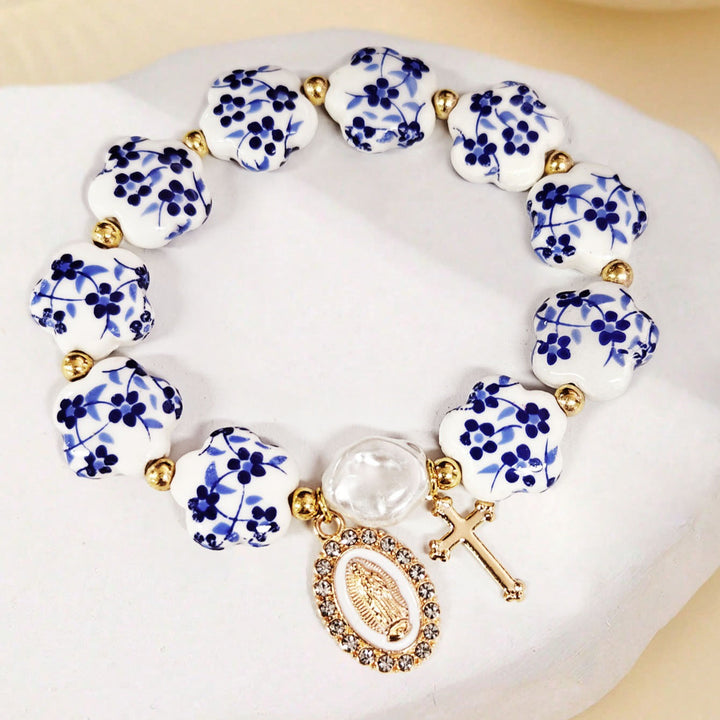 Christianartworkshop Floral Ceramic Porcelain Bracelet With Our Lady Medal & Cross Pendant (3 Styles) - Blue - image 5