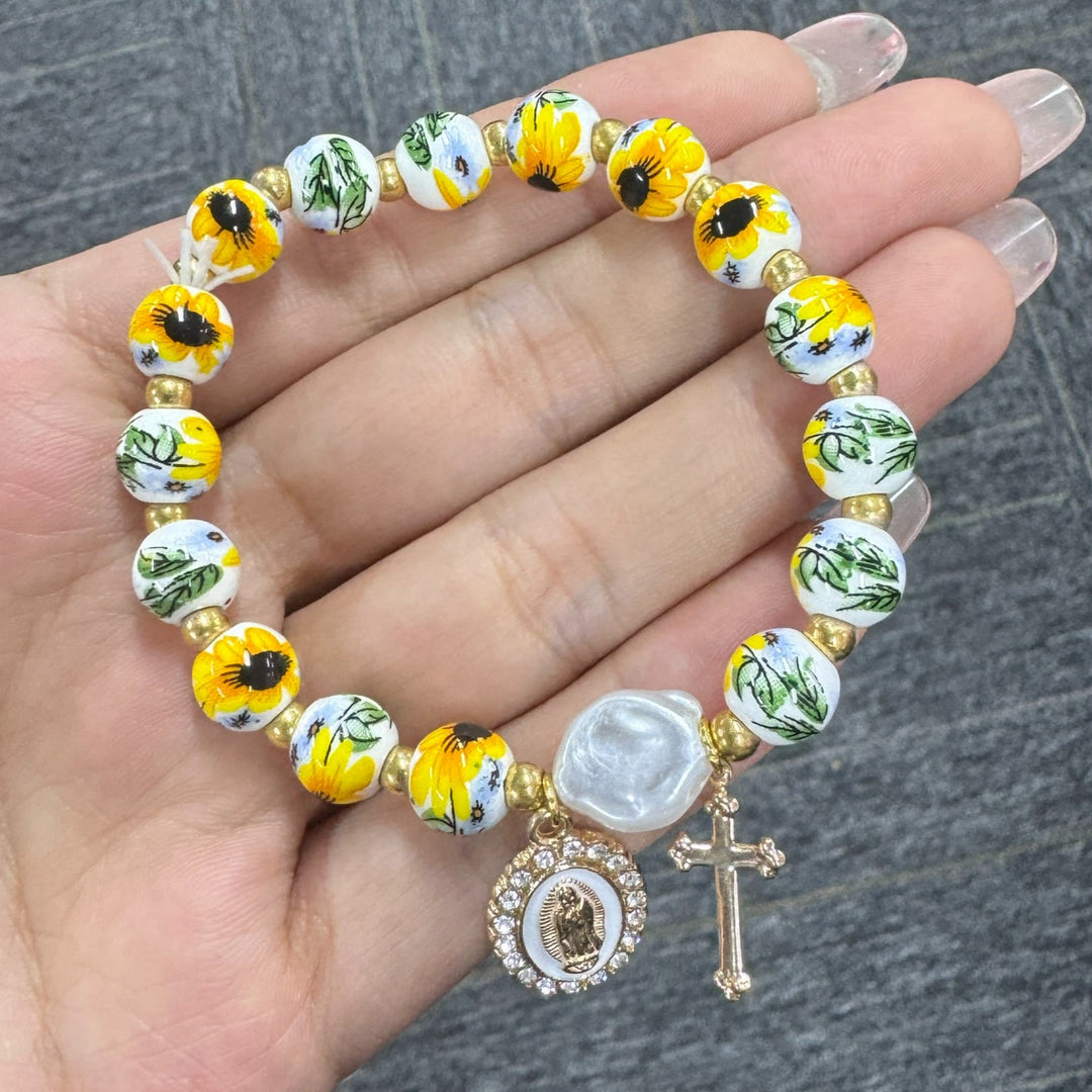 Christianartworkshop Floral Ceramic Porcelain Bracelet With Our Lady Medal & Cross Pendant (3 Styles) - image 4