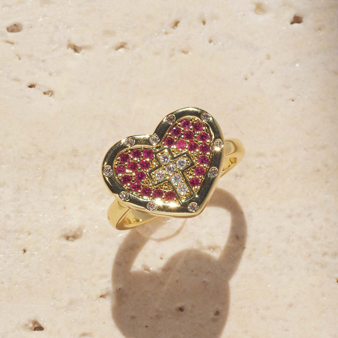 Christianartworkshop Heart Shaped Pave Cross Statement Ring: Symbol Of Sacred Love & Grace - Pink(Suitable for US sizes 6-10) - image 2