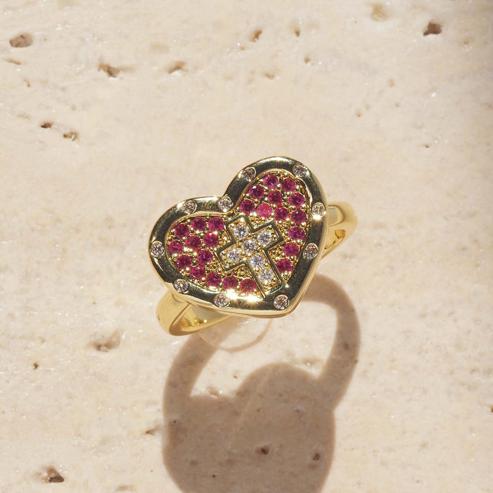 Christianartworkshop Heart Shaped Pave Cross Statement Ring: Symbol Of Sacred Love & Grace - Pink(Suitable for US sizes 6-10) - image 2