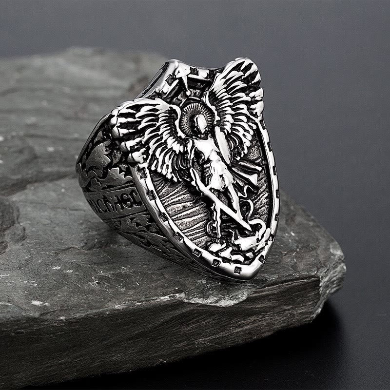 FREE Today: Shield Archangel St. Michael Ring: Two Tone Option Sacred Guardian Faith Finger Jewelry - Silver - US 13 - image 5