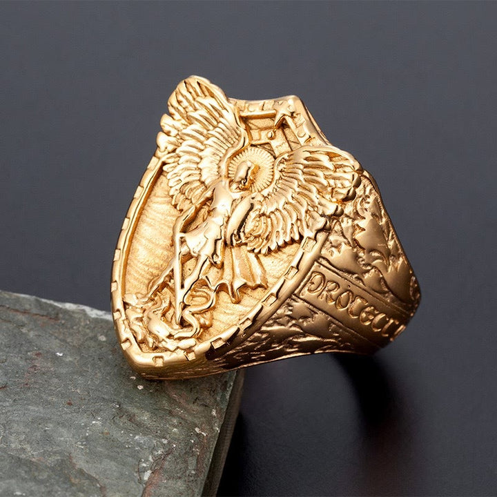 Christianartworkshop Shield Archangel St. Michael Ring: Two Tone Option Sacred Guardian Faith Finger Jewelry - Golden - US 13 - image 0
