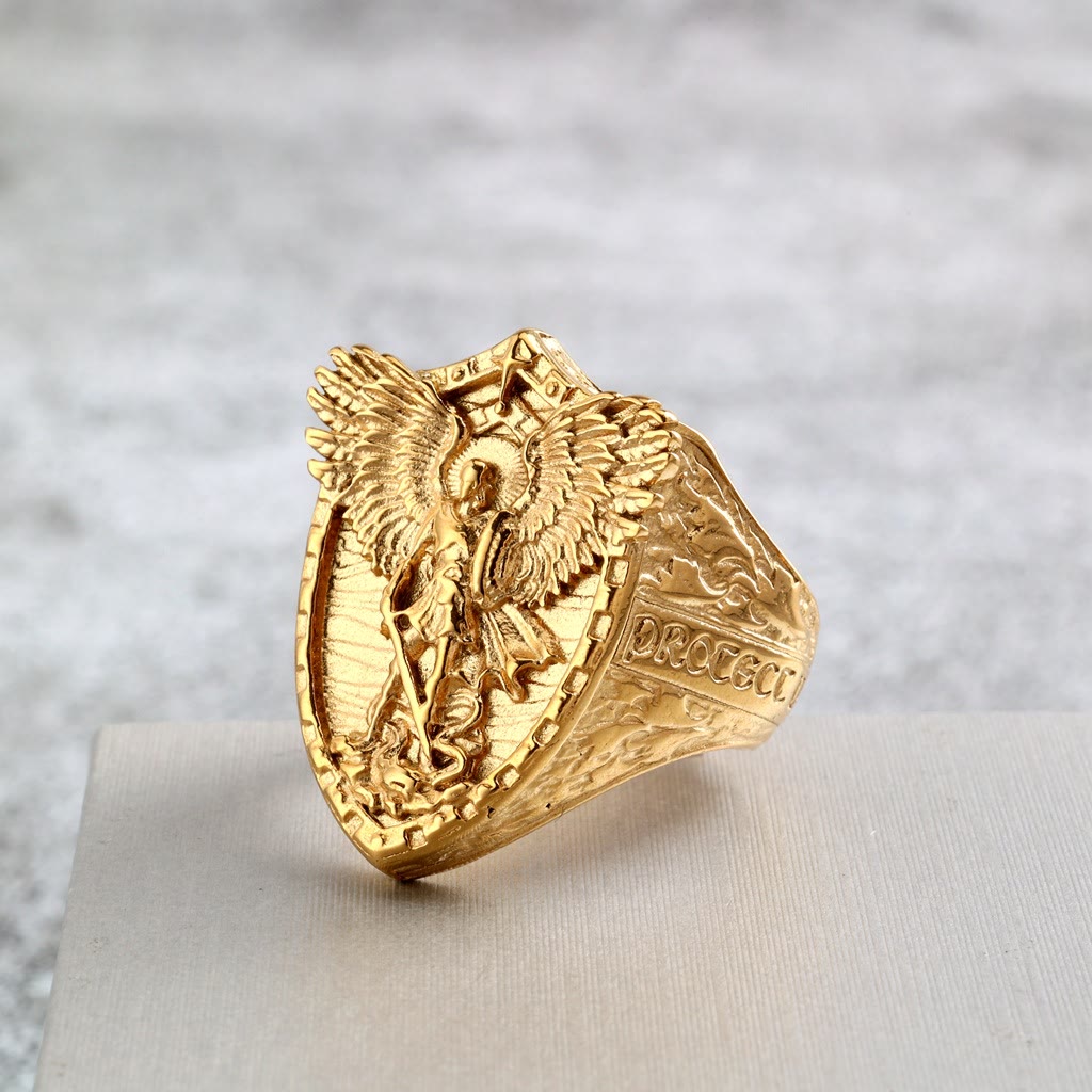 Christianartworkshop Shield Archangel St. Michael Ring: Two Tone Option Sacred Guardian Faith Finger Jewelry - image 4