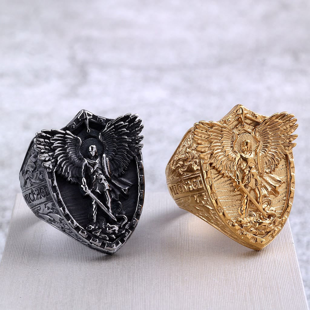 Christianartworkshop Shield Archangel St. Michael Ring: Two Tone Option Sacred Guardian Faith Finger Jewelry - image 2