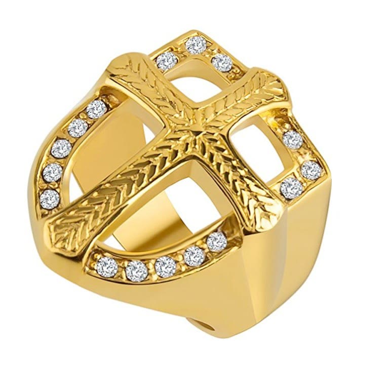 Christianartworkshop Shield Hollow Cross Zircon Ring: 3 Color Options Sacred Faith Warrior Finger Jewelry - Golden - US 13 - image 0