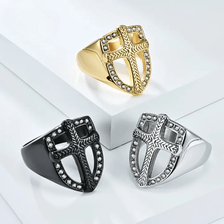 Christianartworkshop Shield Hollow Cross Zircon Ring: 3 Color Options Sacred Faith Warrior Finger Jewelry - image 1