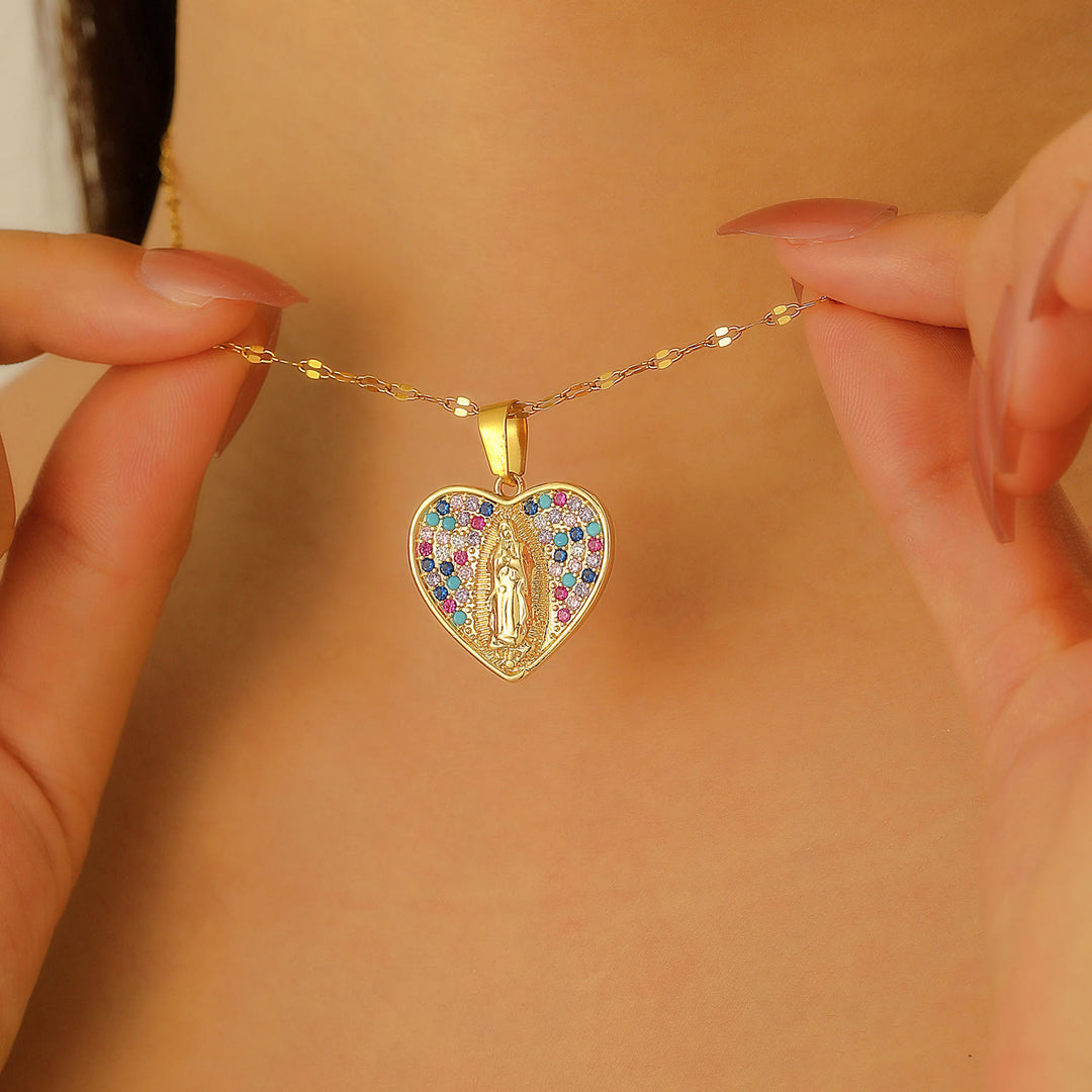 FREE Today: Heart Shaped Virgin Mary Necklace With Colorful Zircon: Sacred Symbol Of Marian Grace Faith Pendant - Our Lady & Heart - image 0