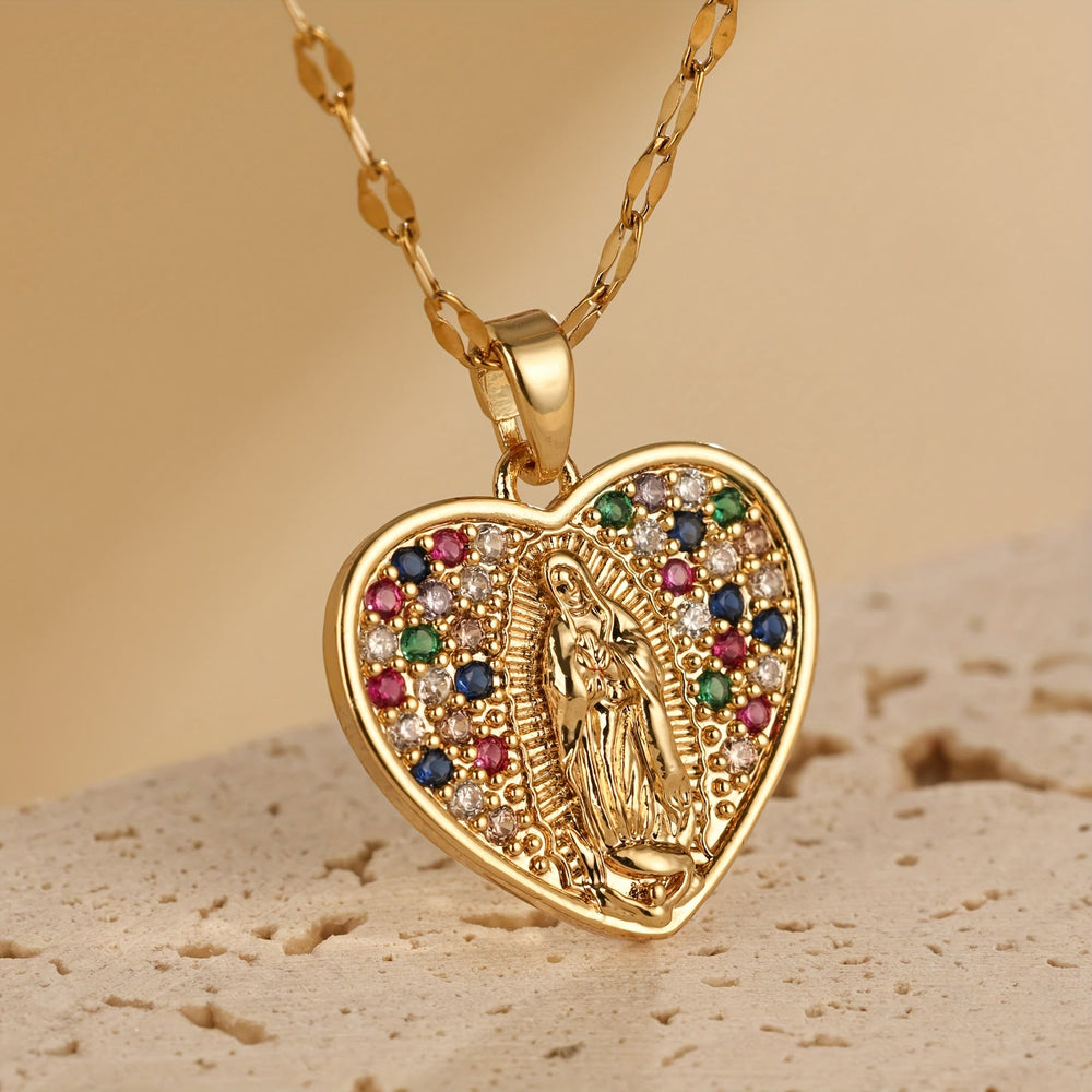 FREE Today: Heart Shaped Virgin Mary Necklace With Colorful Zircon: Sacred Symbol Of Marian Grace Faith Pendant - image 1