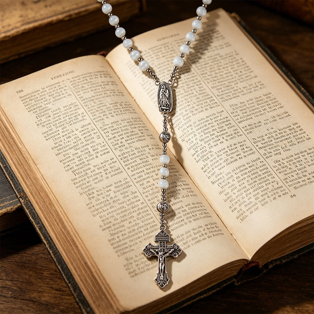 Christianartworkshop Luminous White Cat Eye Stone Rosary with Our Lady Medal & Ornate Crucifix - image 11