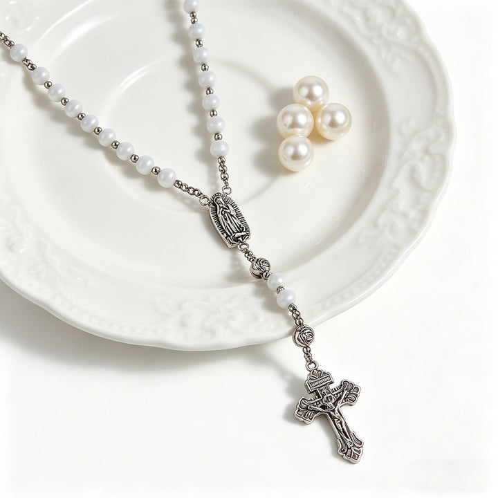 Christianartworkshop Luminous White Cat Eye Stone Rosary with Our Lady Medal & Ornate Crucifix - image 12