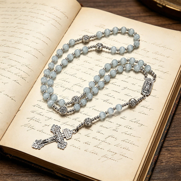 Christianartworkshop Luminous White Cat Eye Stone Rosary with Our Lady Medal & Ornate Crucifix - image 3