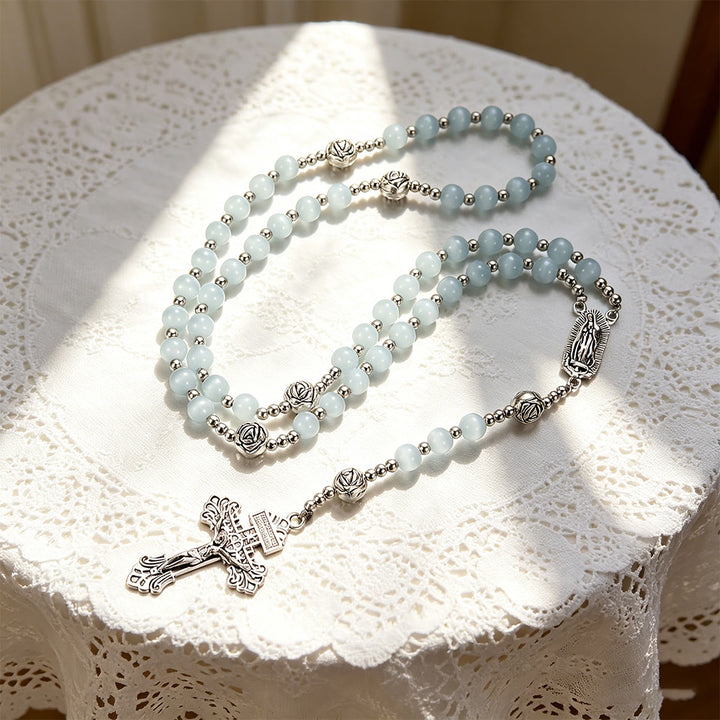 Christianartworkshop Luminous White Cat Eye Stone Rosary with Our Lady Medal & Ornate Crucifix - image 5