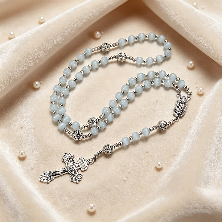 Christianartworkshop Luminous White Cat Eye Stone Rosary with Our Lady Medal & Ornate Crucifix - image 4