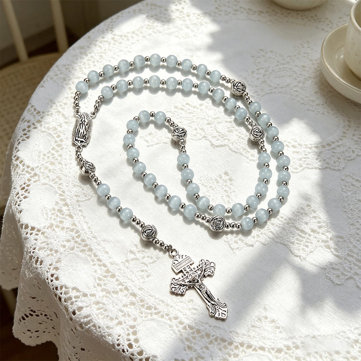 Christianartworkshop Luminous White Cat Eye Stone Rosary with Our Lady Medal & Ornate Crucifix - image 10