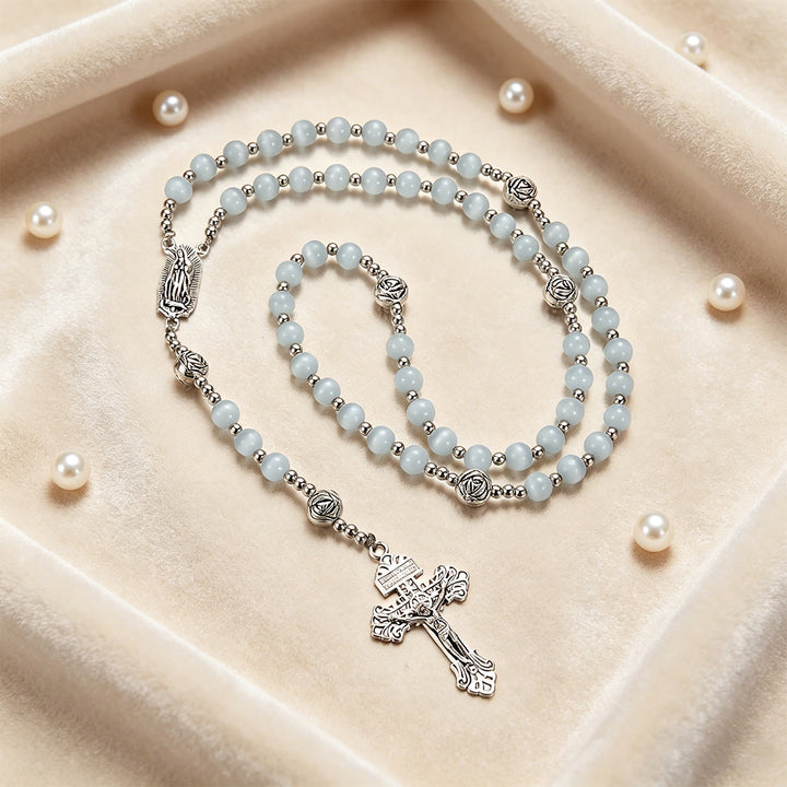 Christianartworkshop Luminous White Cat Eye Stone Rosary with Our Lady Medal & Ornate Crucifix - image 6