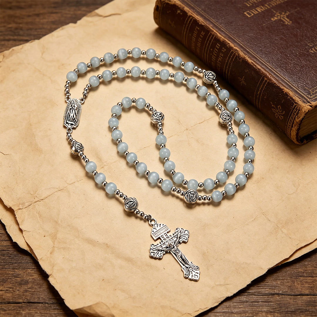Christianartworkshop Luminous White Cat Eye Stone Rosary with Our Lady Medal & Ornate Crucifix - image 7