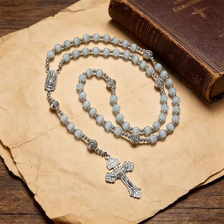 Christianartworkshop Luminous White Cat Eye Stone Rosary with Our Lady Medal & Ornate Crucifix - image 7
