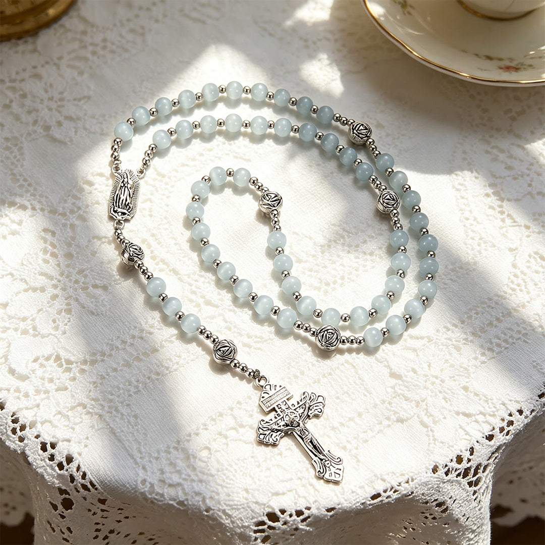 Christianartworkshop Luminous White Cat Eye Stone Rosary with Our Lady Medal & Ornate Crucifix - image 8