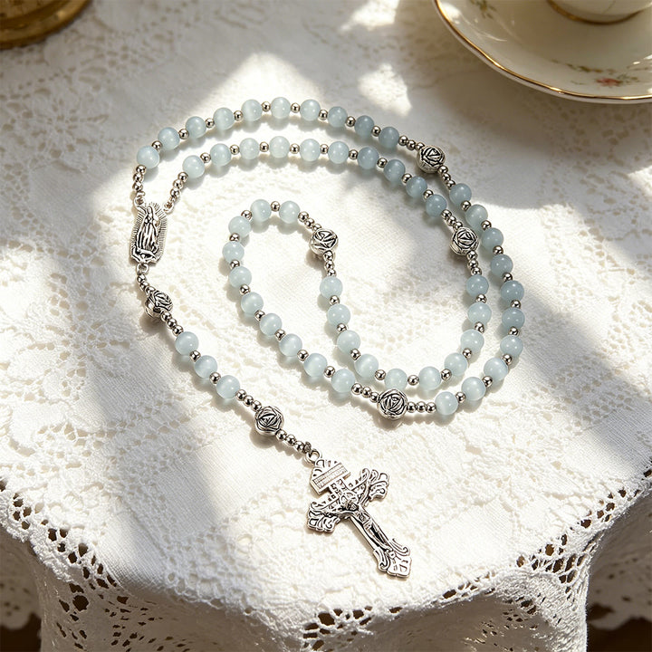 Christianartworkshop Luminous White Cat Eye Stone Rosary with Our Lady Medal & Ornate Crucifix - image 8