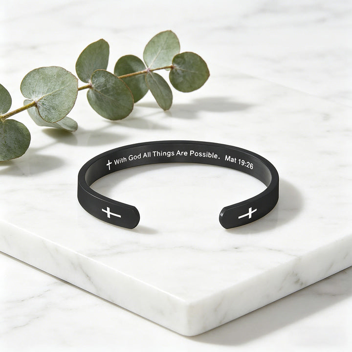 Christianartworkshop Matthew 19:26 Bible Verse Cross Cuff Bracelet: With God All Things Are Possible Faith Symbol - Black - image 4