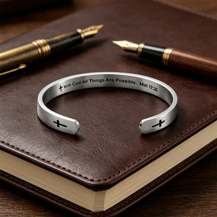 Christianartworkshop Matthew 19:26 Bible Verse Cross Cuff Bracelet: With God All Things Are Possible Faith Symbol - Silver - image 8