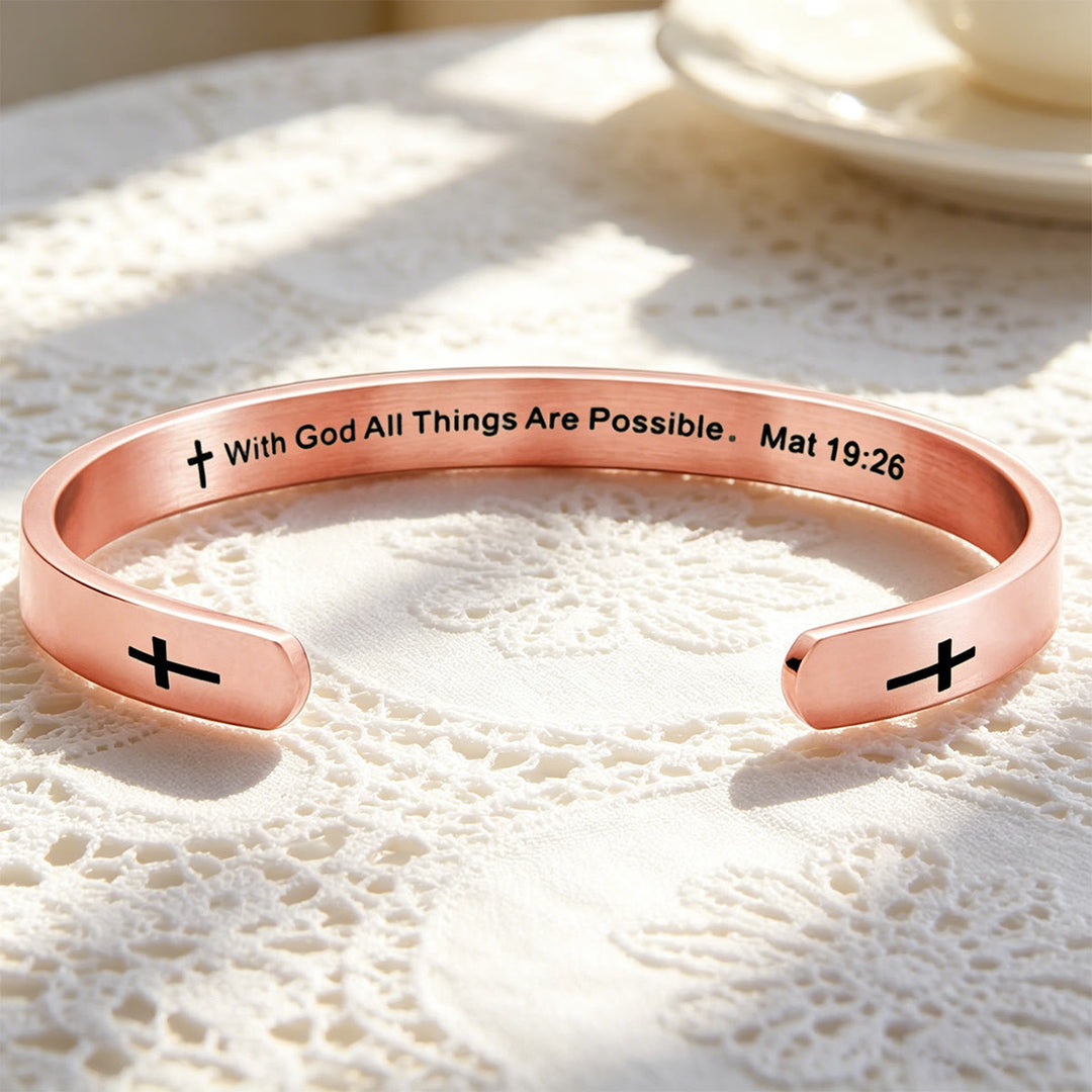 Christianartworkshop Matthew 19:26 Bible Verse Cross Cuff Bracelet: With God All Things Are Possible Faith Symbol - Rosegold - image 0