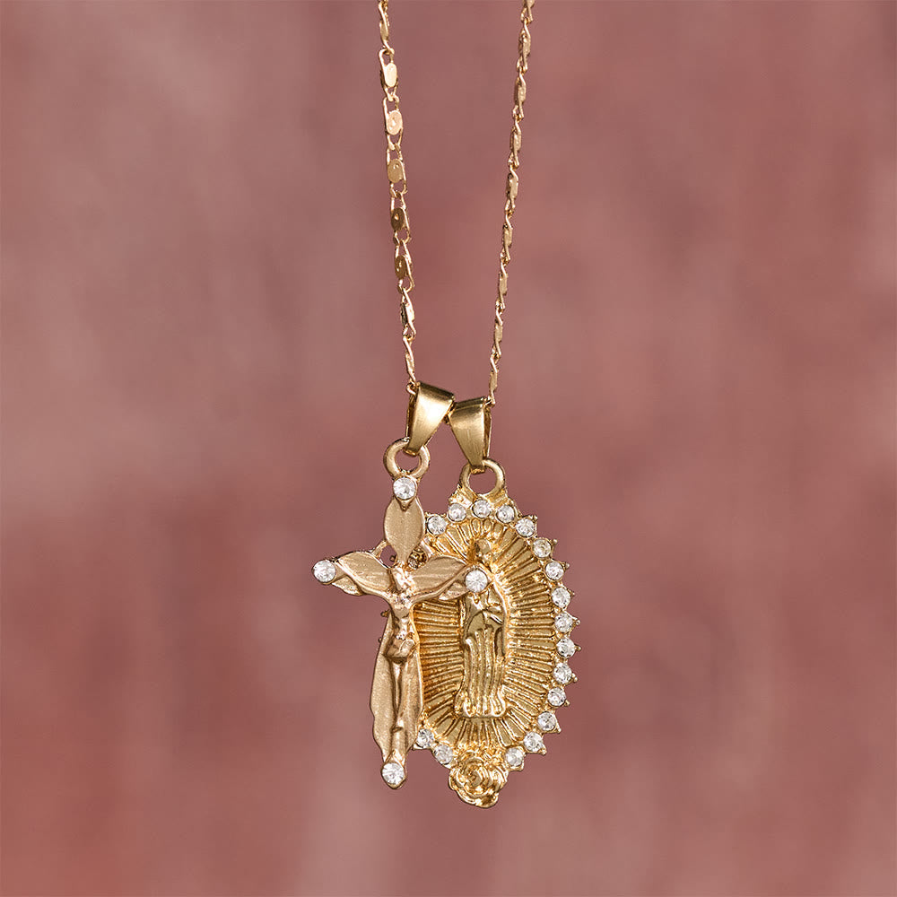Christianartworkshop Virgin Mary & Crucifix Double Pendant Necklace With Zircon: Elegant Daily Devotion Faith Pendant - image 1
