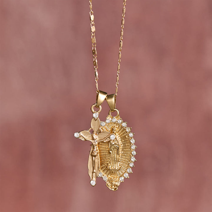 Christianartworkshop Virgin Mary & Crucifix Double Pendant Necklace With Zircon: Elegant Daily Devotion Faith Pendant - image 1