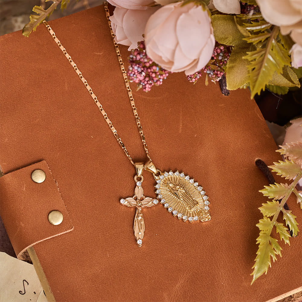 Christianartworkshop Virgin Mary & Crucifix Double Pendant Necklace With Zircon: Elegant Daily Devotion Faith Pendant - image 0