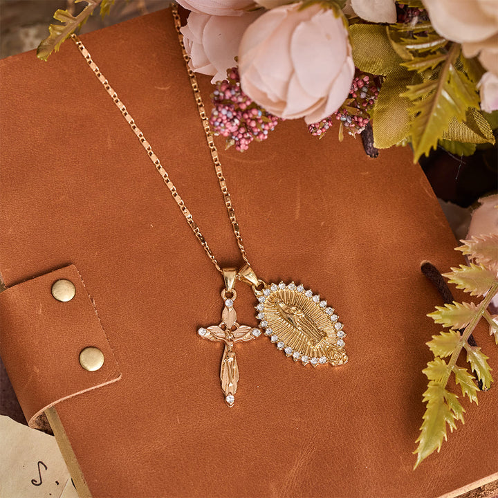 Christianartworkshop Virgin Mary & Crucifix Double Pendant Necklace With Zircon: Elegant Daily Devotion Faith Pendant - image 0