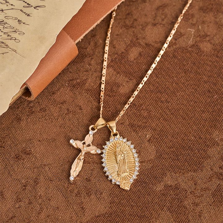 Christianartworkshop Virgin Mary & Crucifix Double Pendant Necklace With Zircon: Elegant Daily Devotion Faith Pendant - image 3