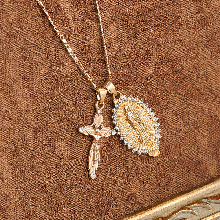 Christianartworkshop Virgin Mary & Crucifix Double Pendant Necklace With Zircon: Elegant Daily Devotion Faith Pendant - image 4