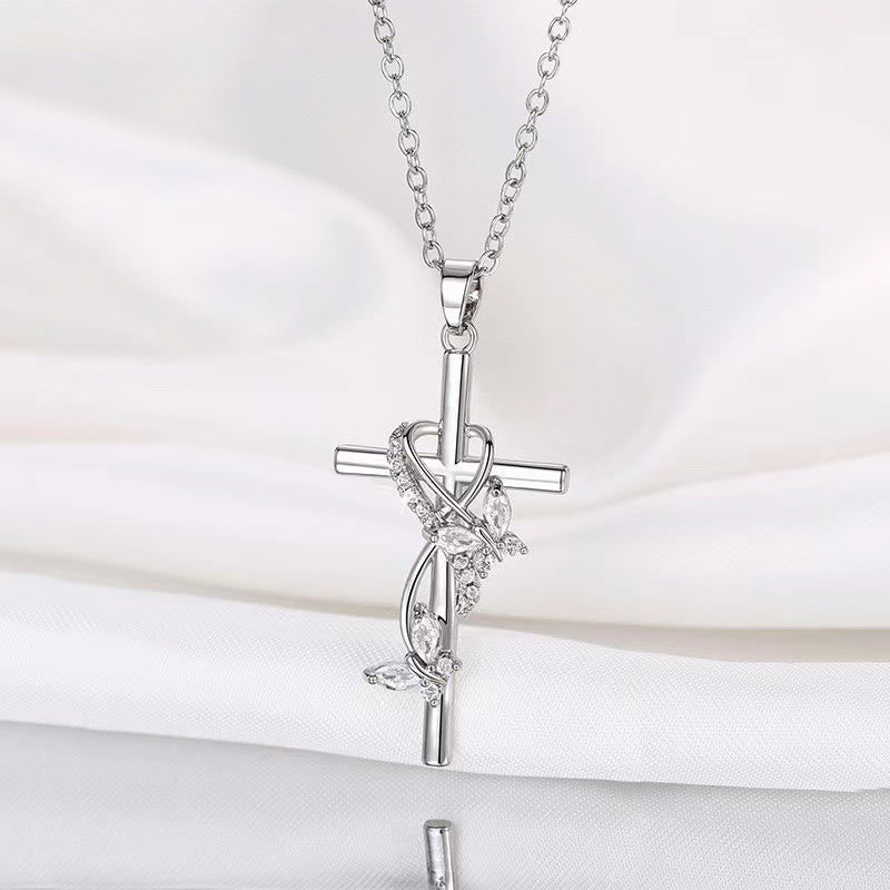 Christianartworkshop Vine Wrapped Butterfly Cross Zircon Necklace: 4 Color Sacred Redemption Faith Pendant Jewelry - White - image 0