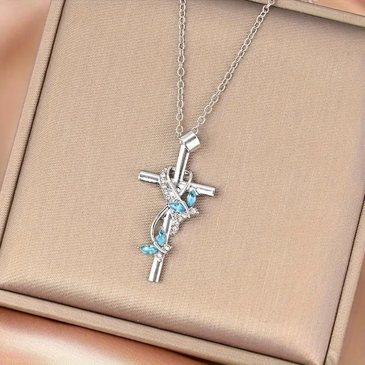 Christianartworkshop Vine Wrapped Butterfly Cross Zircon Necklace: 4 Color Sacred Redemption Faith Pendant Jewelry - Blue - image 4