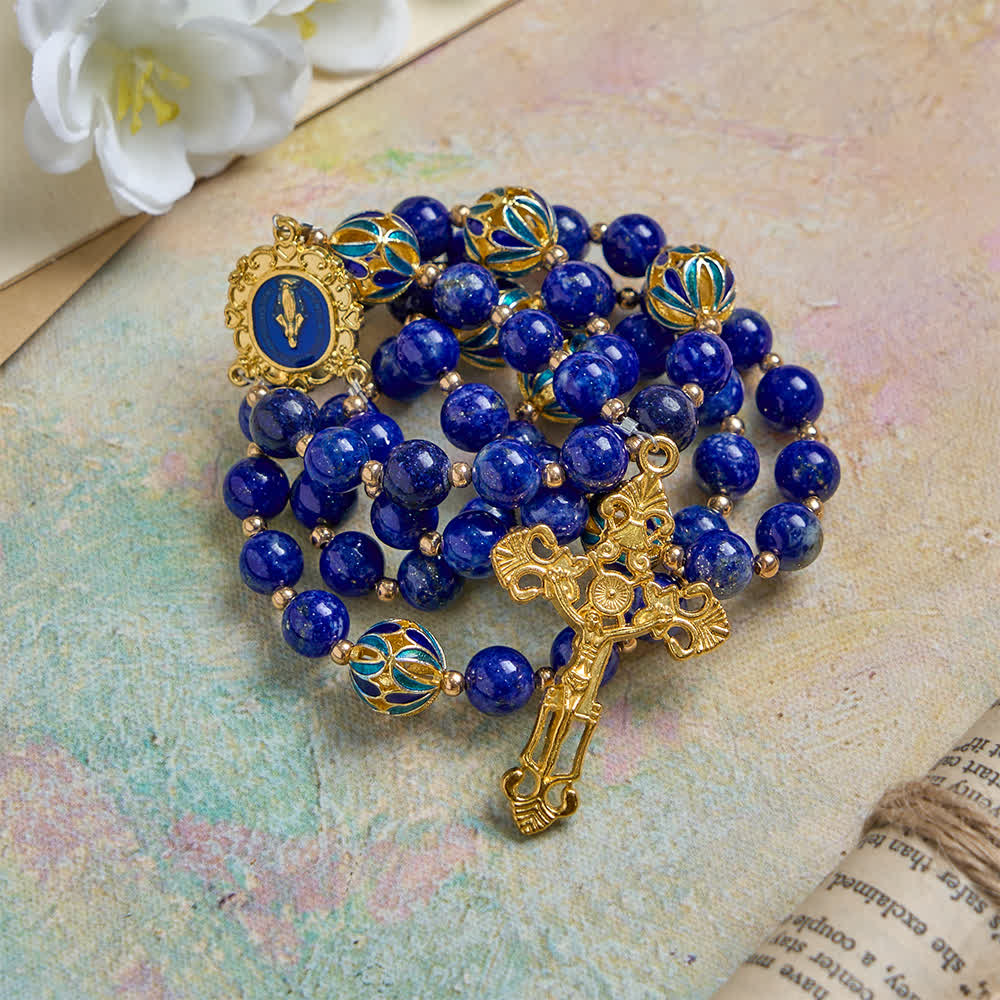 Christianartworkshop Vintage Deep Blue Lapis Our Lady Rosary with Cloisonné Enamel Accents - image 3
