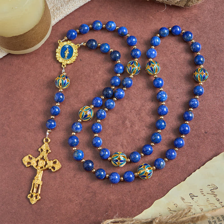 Christianartworkshop Vintage Deep Blue Lapis Our Lady Rosary with Cloisonné Enamel Accents - image 4