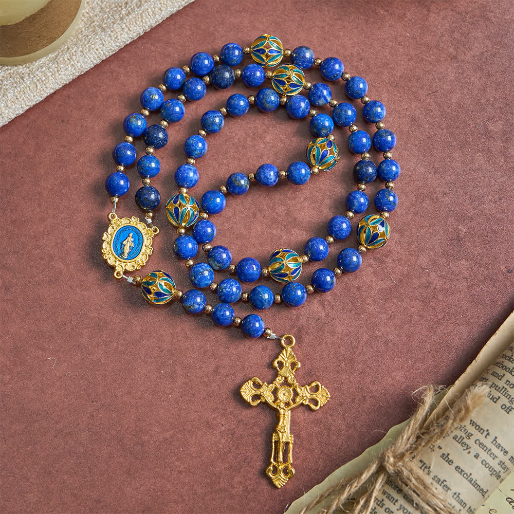 Christianartworkshop Vintage Deep Blue Lapis Our Lady Rosary with Cloisonné Enamel Accents - image 2
