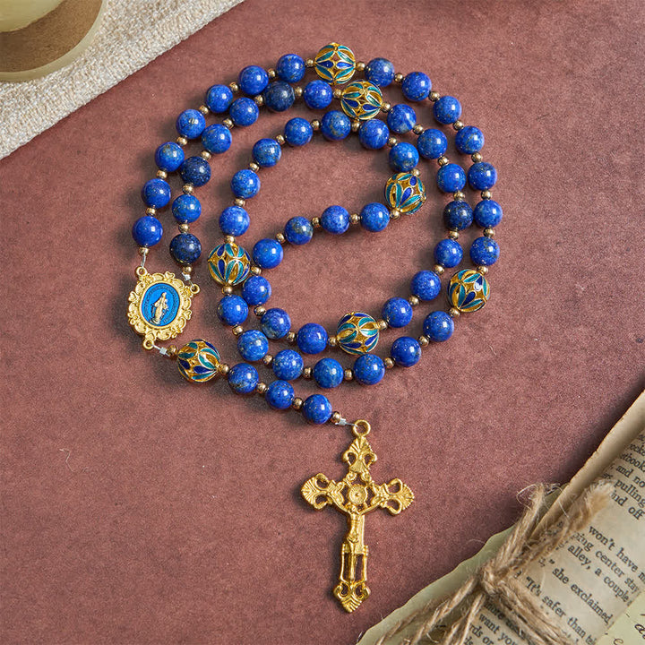 Christianartworkshop Vintage Deep Blue Lapis Our Lady Rosary with Cloisonné Enamel Accents - image 2