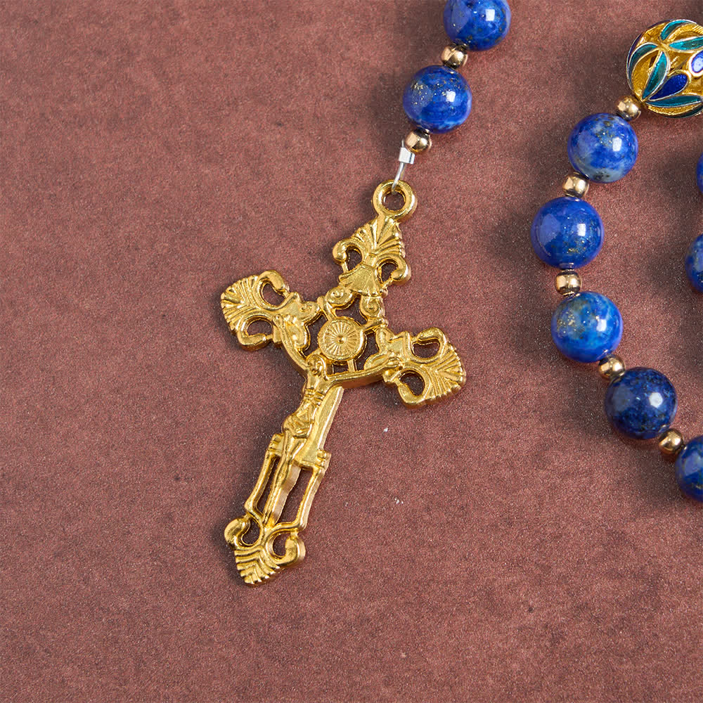 Christianartworkshop Vintage Deep Blue Lapis Our Lady Rosary with Cloisonné Enamel Accents - image 7