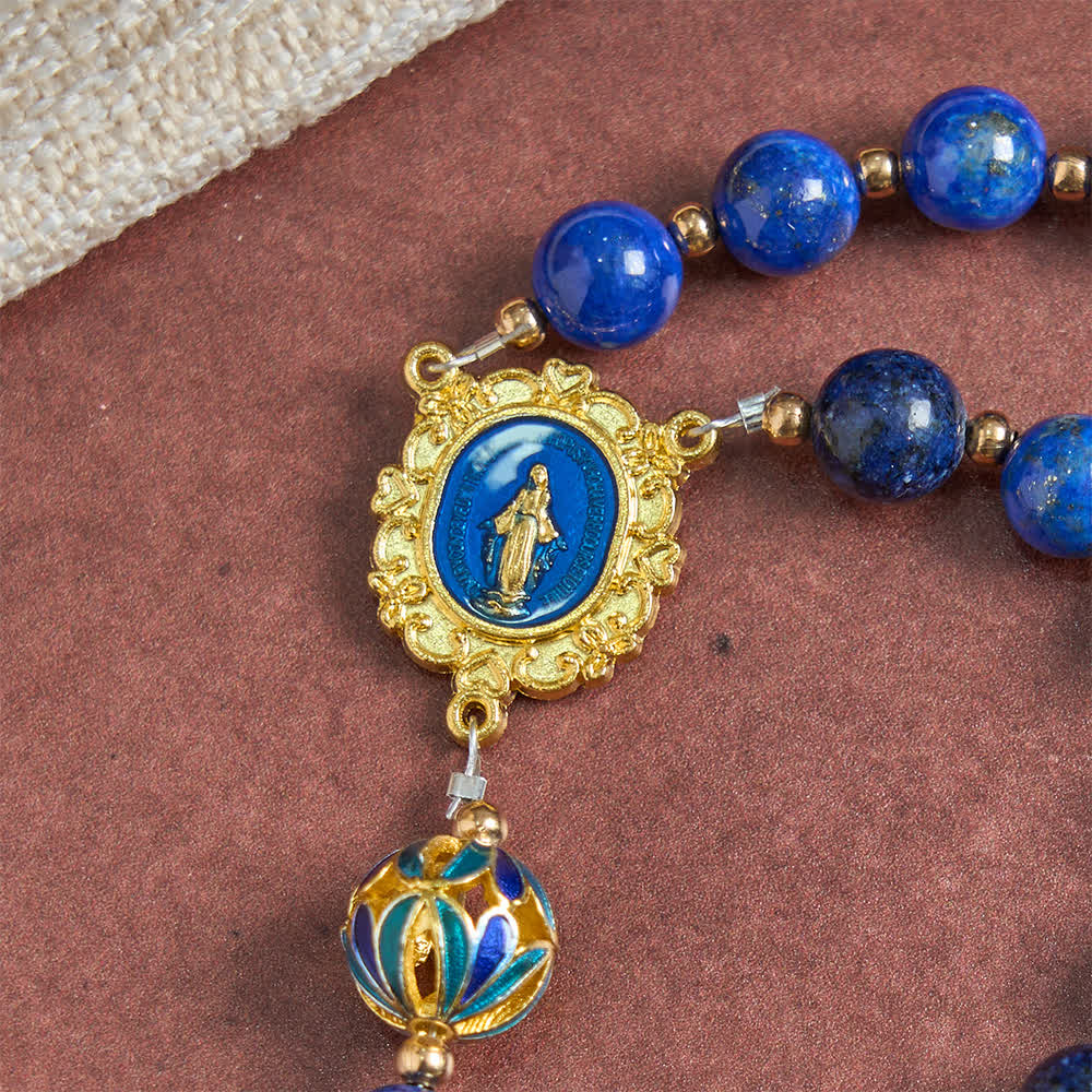 Christianartworkshop Vintage Deep Blue Lapis Our Lady Rosary with Cloisonné Enamel Accents - image 6