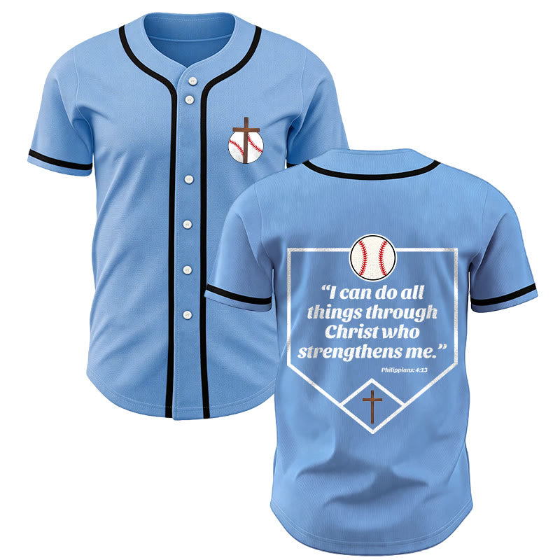 Christianartworkshop I Can Do All Things Through Christ Baseball Cross Unisex Baseball Jersey - Blue - 5XL - image 0