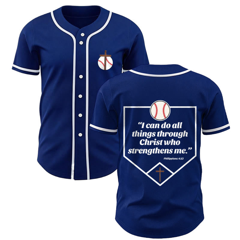 Christianartworkshop Philippians 4:13 Faith Baseball Jersey: Baseball Cross Motto Strength Devotion Athletic Shirt - Navy Blue - 5XL - image 0